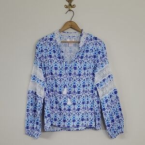 Stella Parker Blue White Lace Crochet Trim Long Sleeve Blouse Size Large L